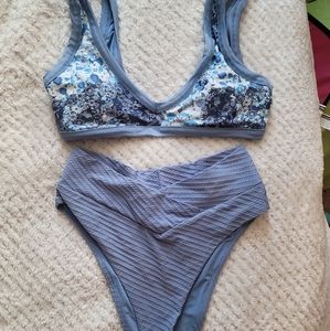 Aerie Blue Floral 2 Piece High Waisted Bikini